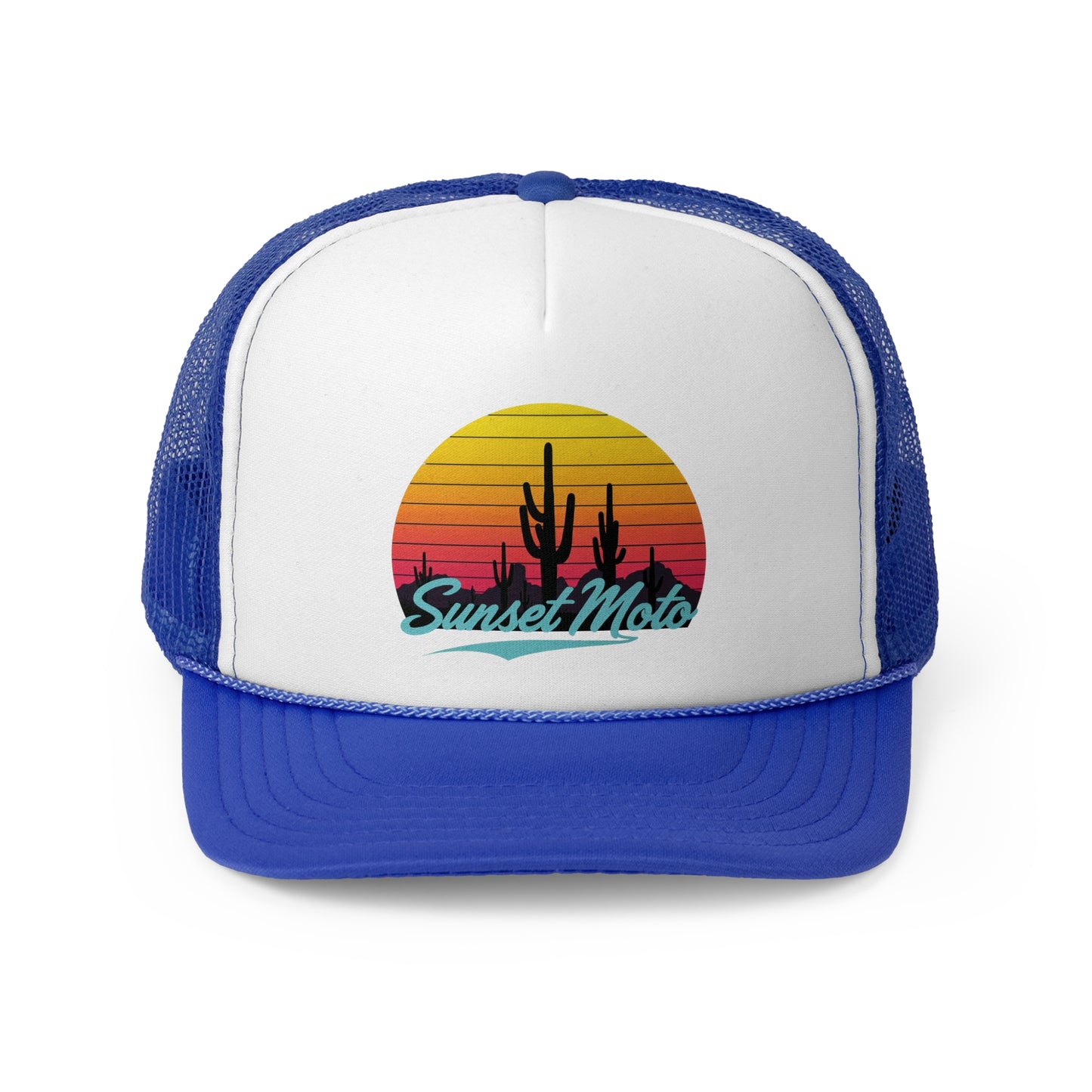Sunset Moto Trucker Cap - Retro Cactus Design for Adventure Lovers