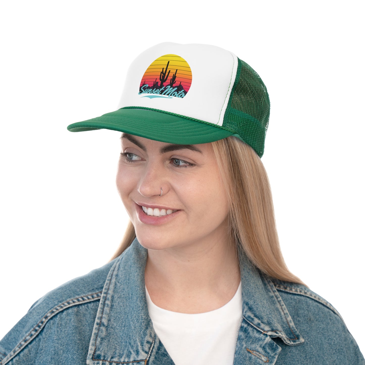 Sunset Moto Trucker Cap - Retro Cactus Design for Adventure Lovers