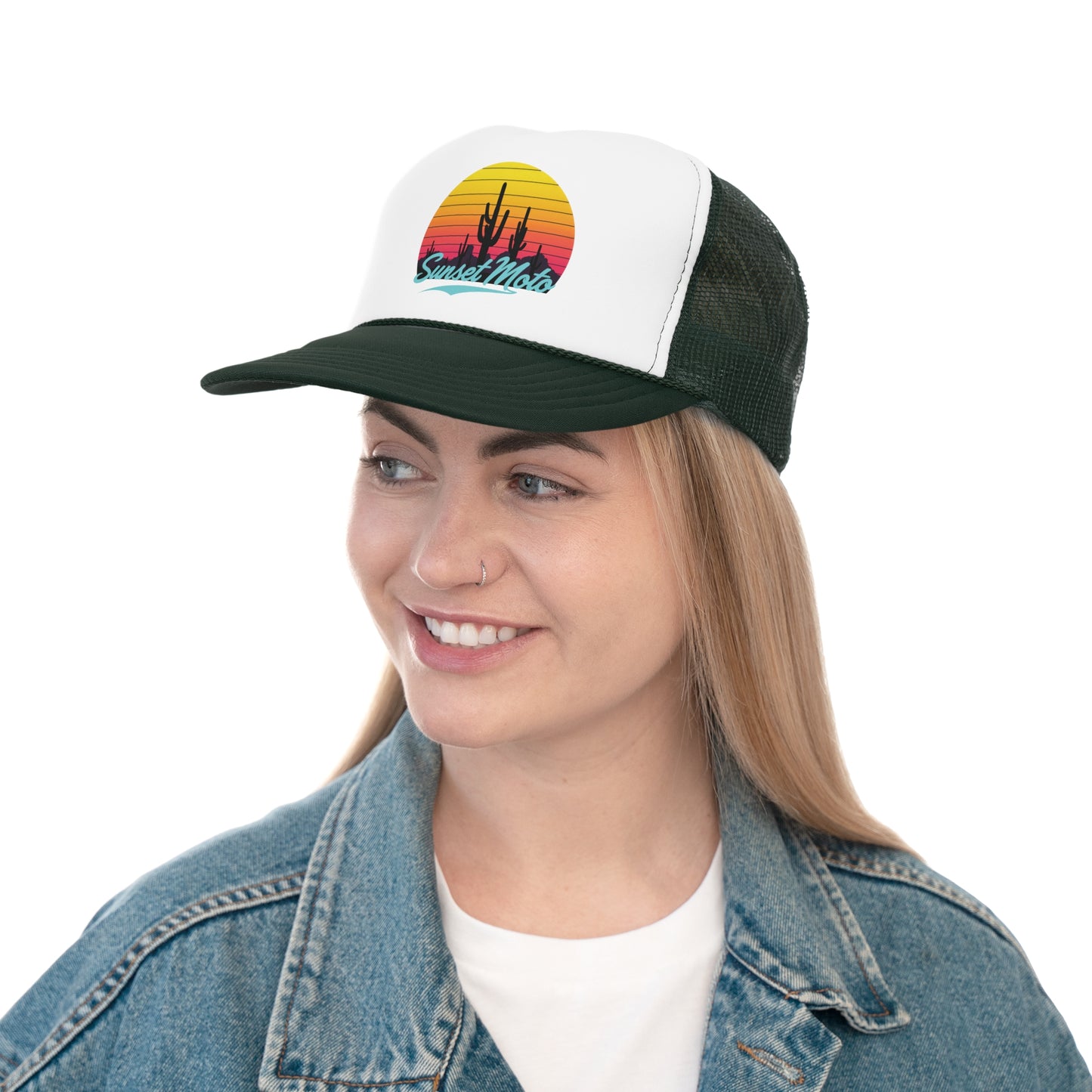 Sunset Moto Trucker Cap - Retro Cactus Design for Adventure Lovers