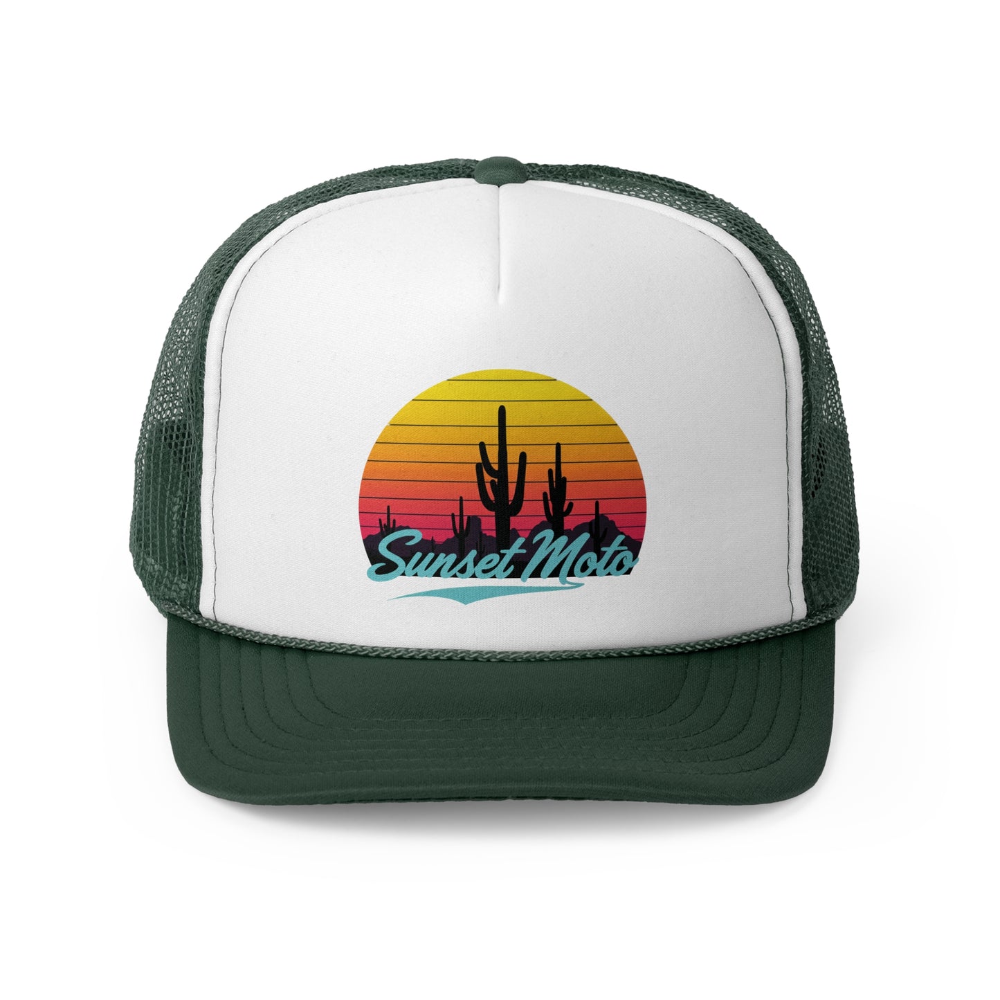 Sunset Moto Trucker Cap - Retro Cactus Design for Adventure Lovers