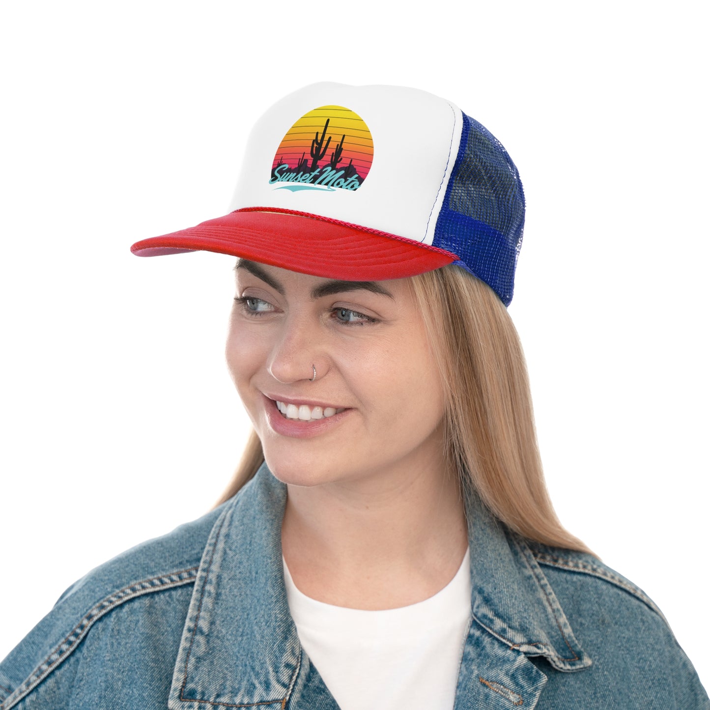 Sunset Moto Trucker Cap - Retro Cactus Design for Adventure Lovers