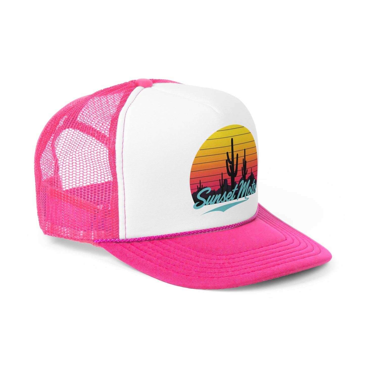 Sunset Moto Trucker Cap - Retro Cactus Design for Adventure Lovers