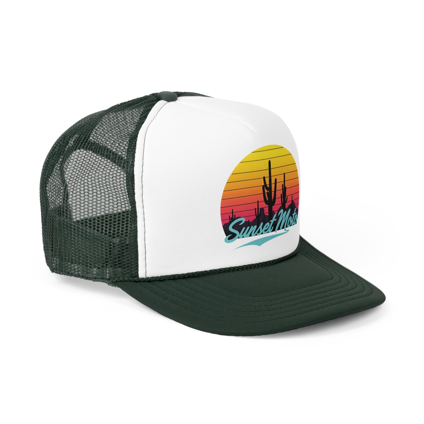 Sunset Moto Trucker Cap - Retro Cactus Design for Adventure Lovers