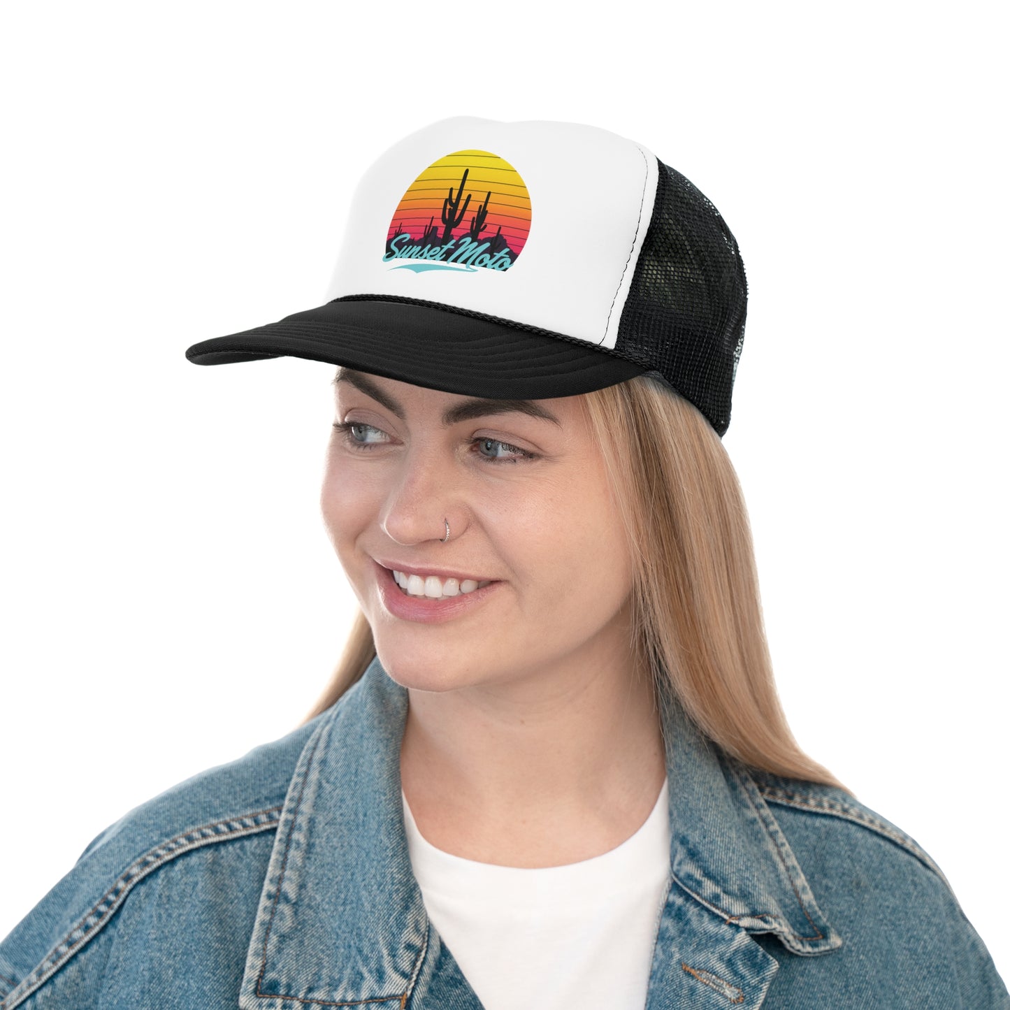 Sunset Moto Trucker Cap - Retro Cactus Design for Adventure Lovers